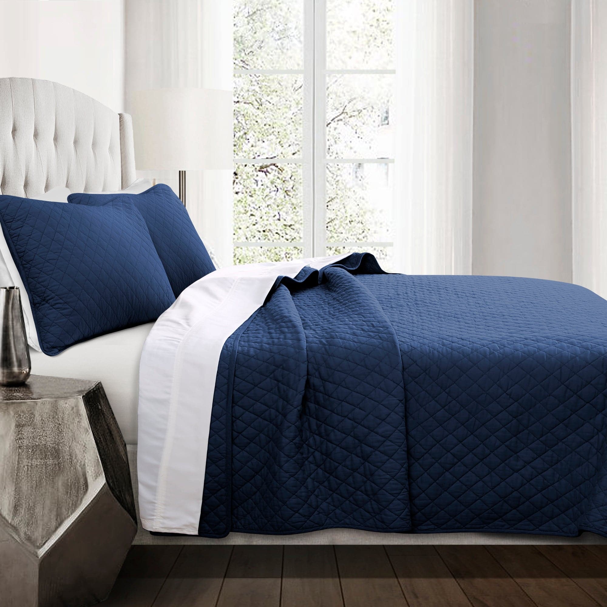 Ava Diamond Oversized Cotton Quilt Set - King / Navy