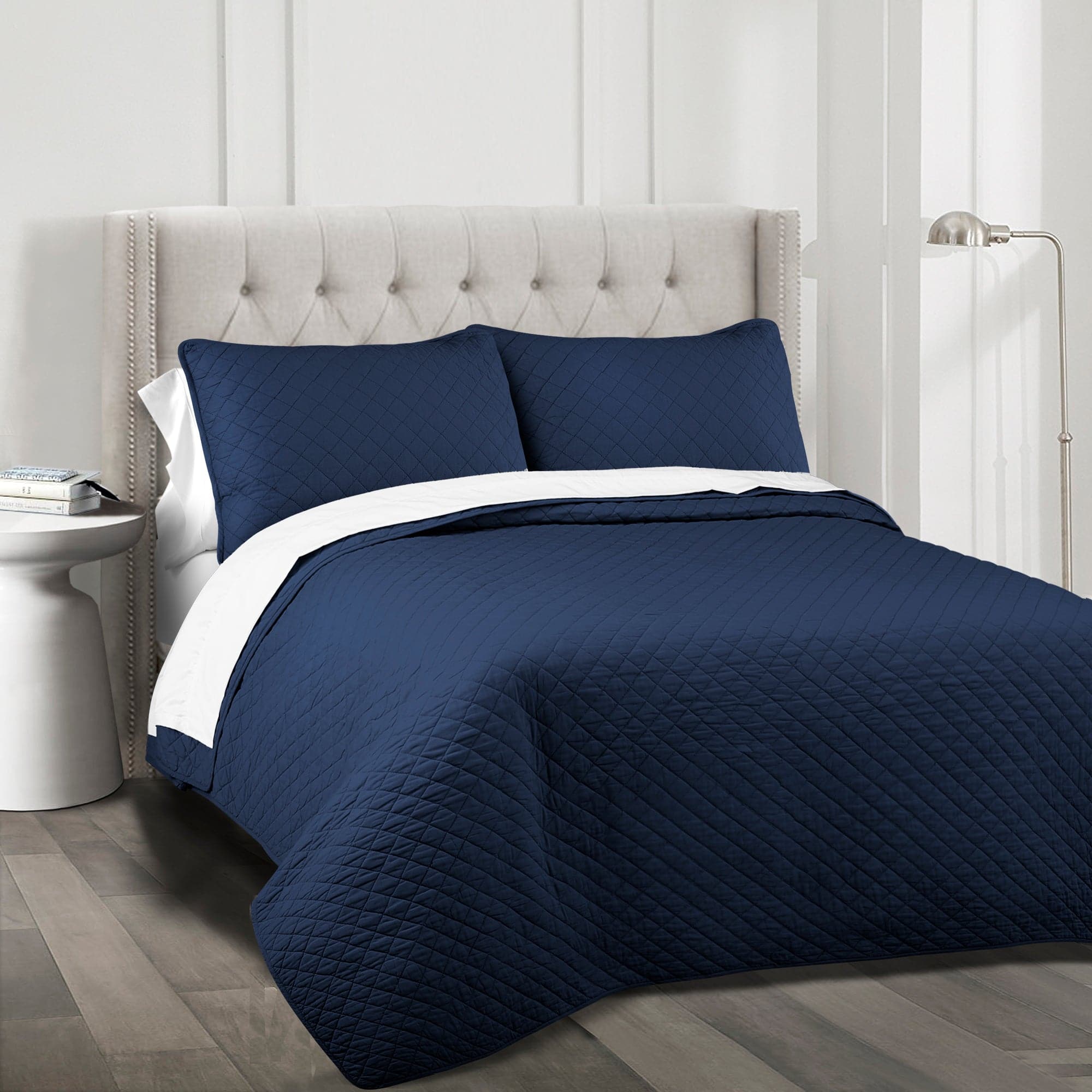 Ava Diamond Oversized Cotton Quilt Set - Full/Queen / Navy