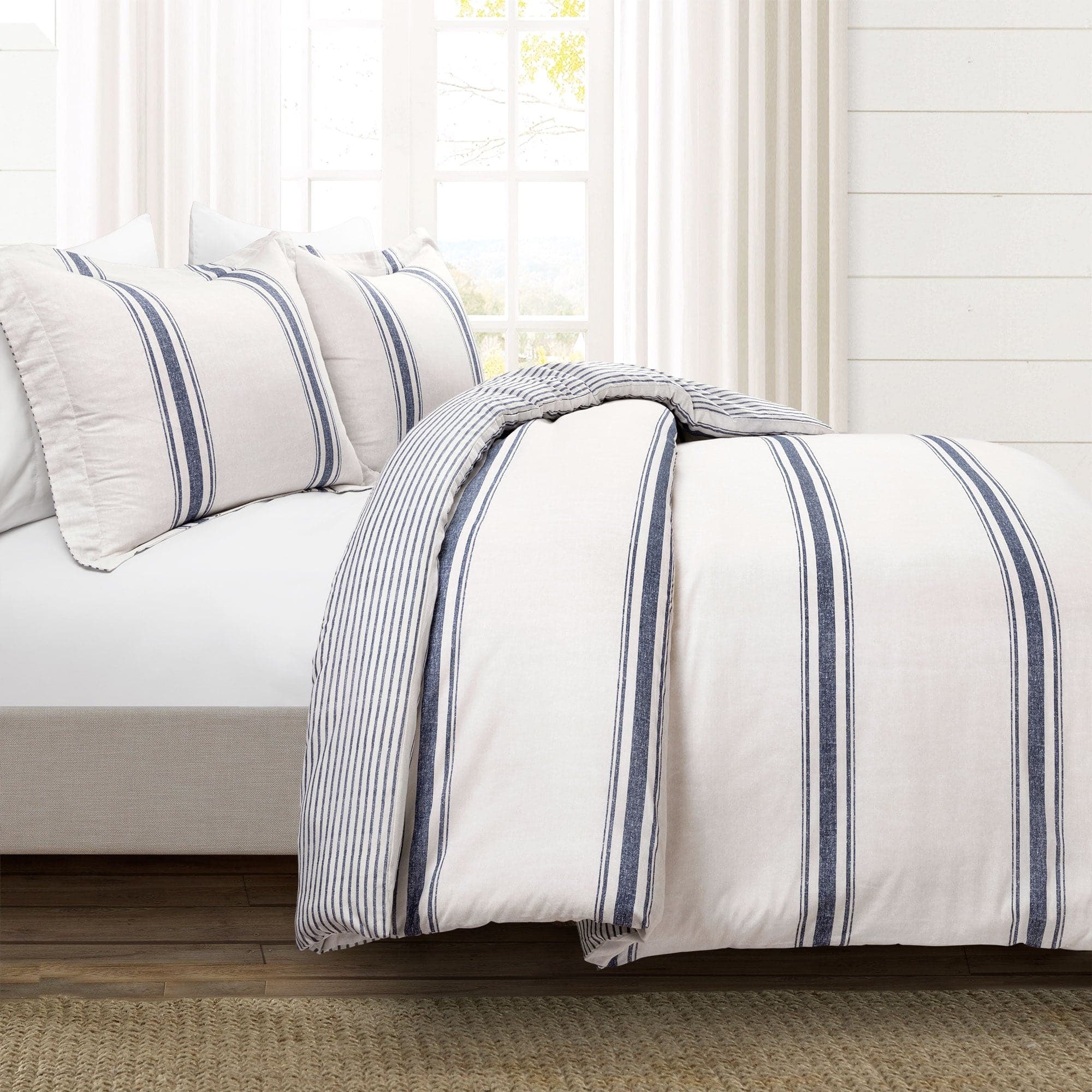 Farmhouse Stripe 100% Cotton Duvet Cover Set - King / Navy