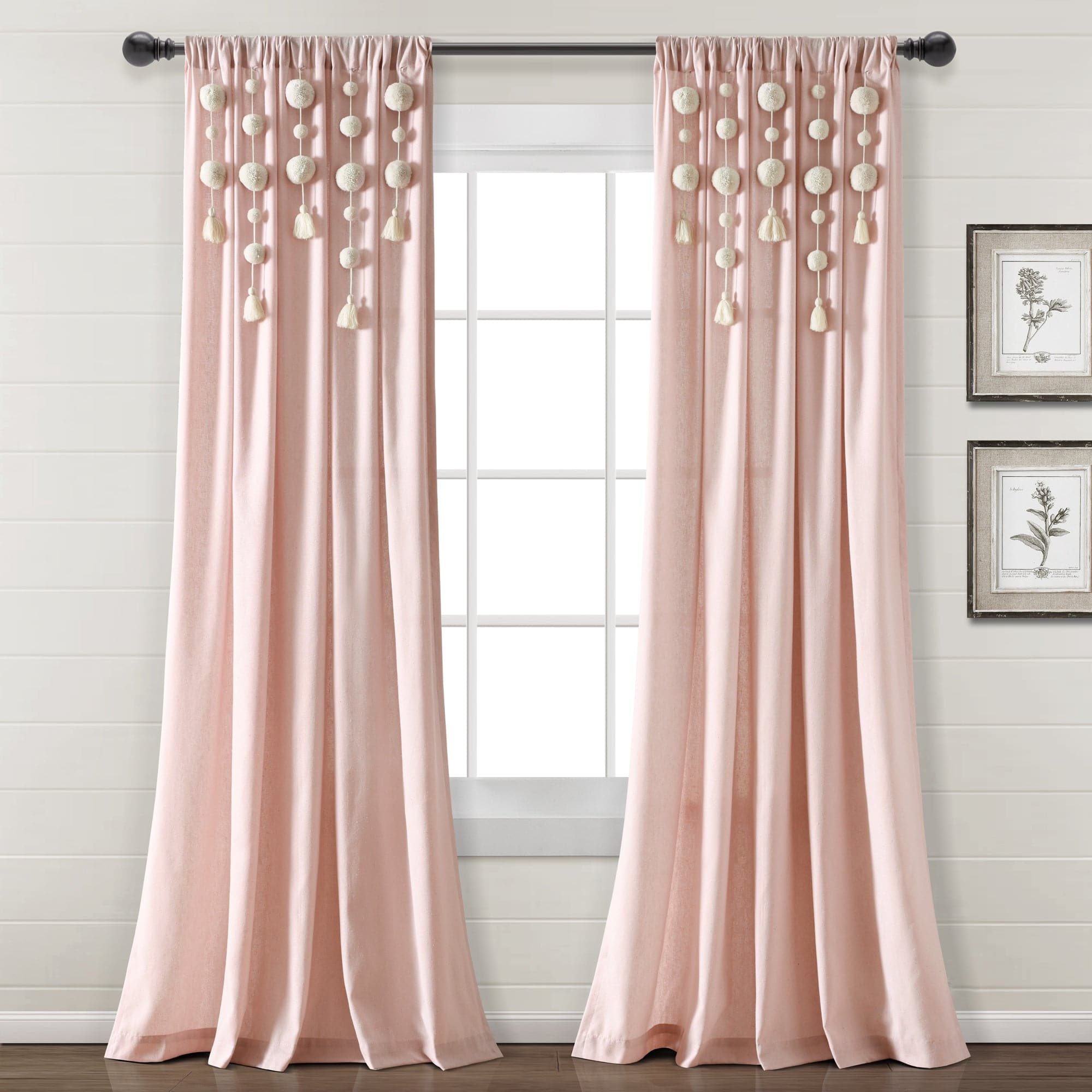 Boho Pom Pom Tassel Faux Linen Window Curtain Panel | Lush