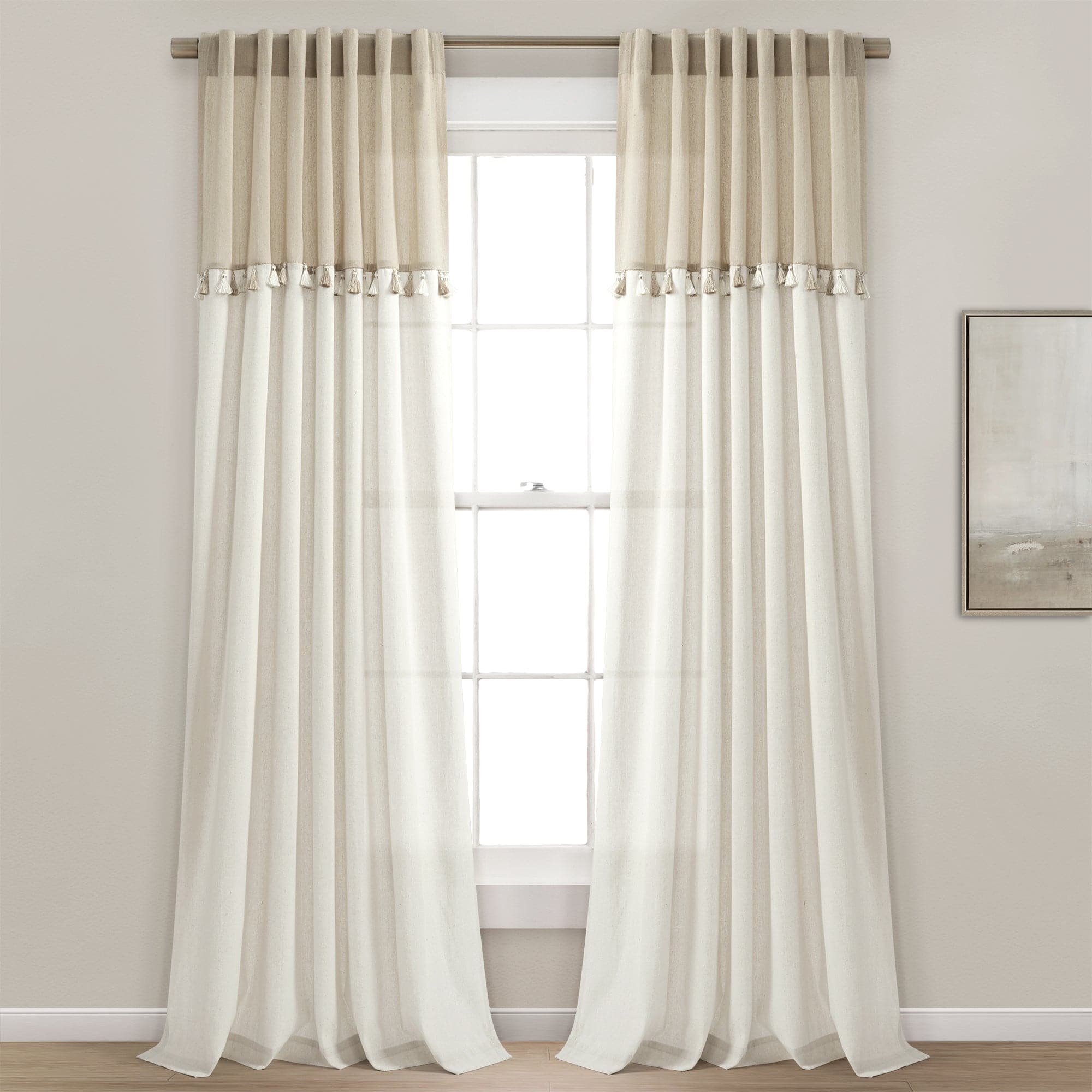 Boho Faux Linen Tassel Color Block Window Curtain Panel Set - 42