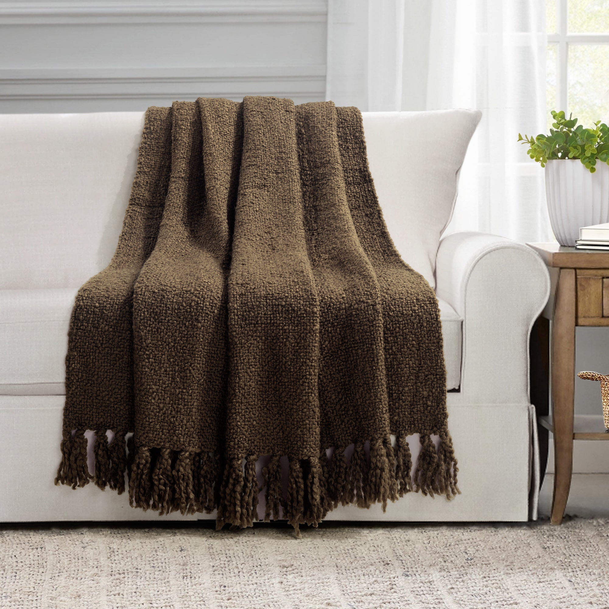 Tulum Boucle Textured Woven Fringed Throw Blanket