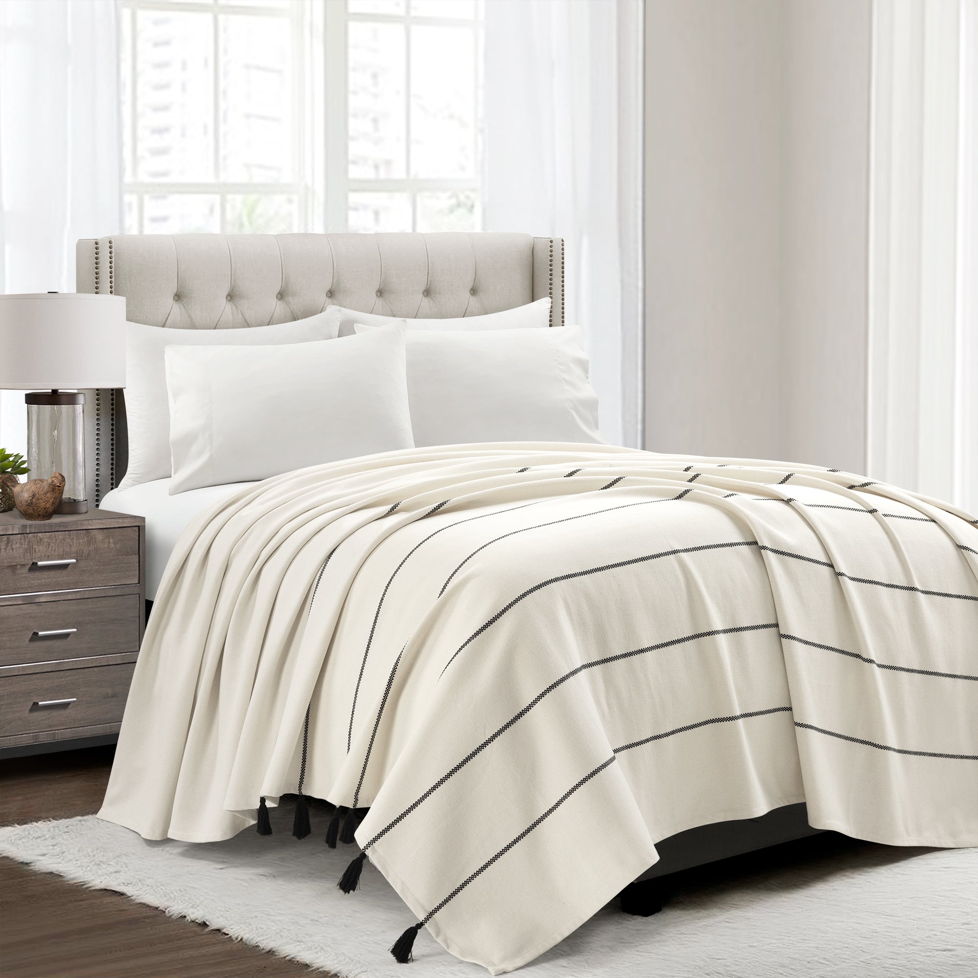 Lush Decor Bedding Comforters Quilts Duvets Bedspreads And More   21T012127 FARMHOUSE BOHO STRIPE WOVEN TASSEL IVORY BLACK COVERLET FULL QUEEN 194938046831 C6475bd3 86fb 4ab7 8a90 64581b10765a 