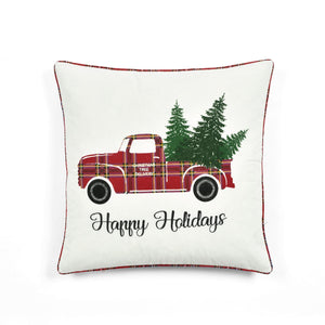 Red Truck Pillow Cover (Happy Holidays) - Linen and Ivory