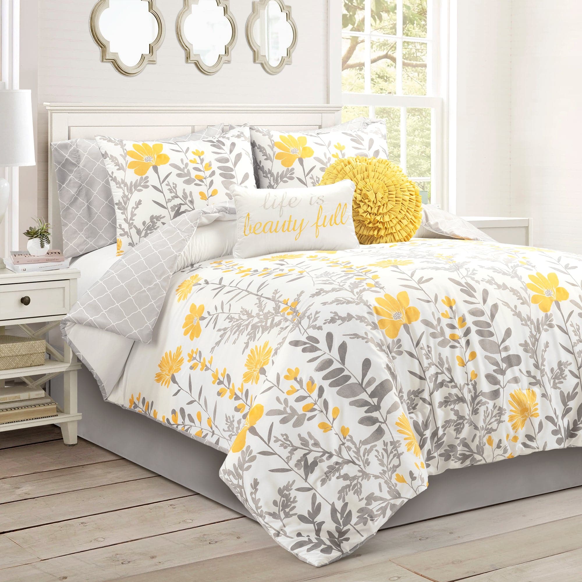 Aprile Reversible Comforter 8 Piece Set - Queen / Yellow_Gray