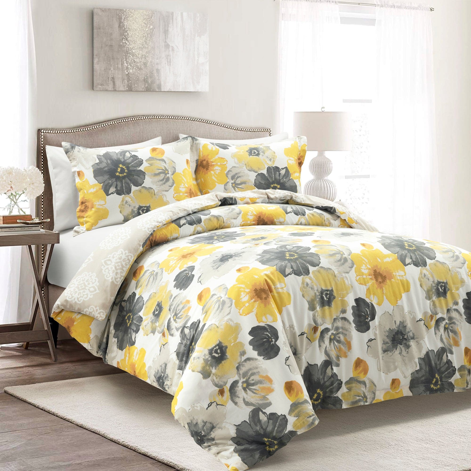 Paisley floral print pillow set in yellow, grey, white - Lavish Three